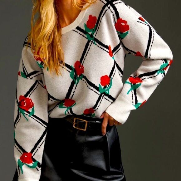 Anthro XXSP Maeve White Oversized Crop Crewneck Trellis Floral Pullover - Picture 3 of 17